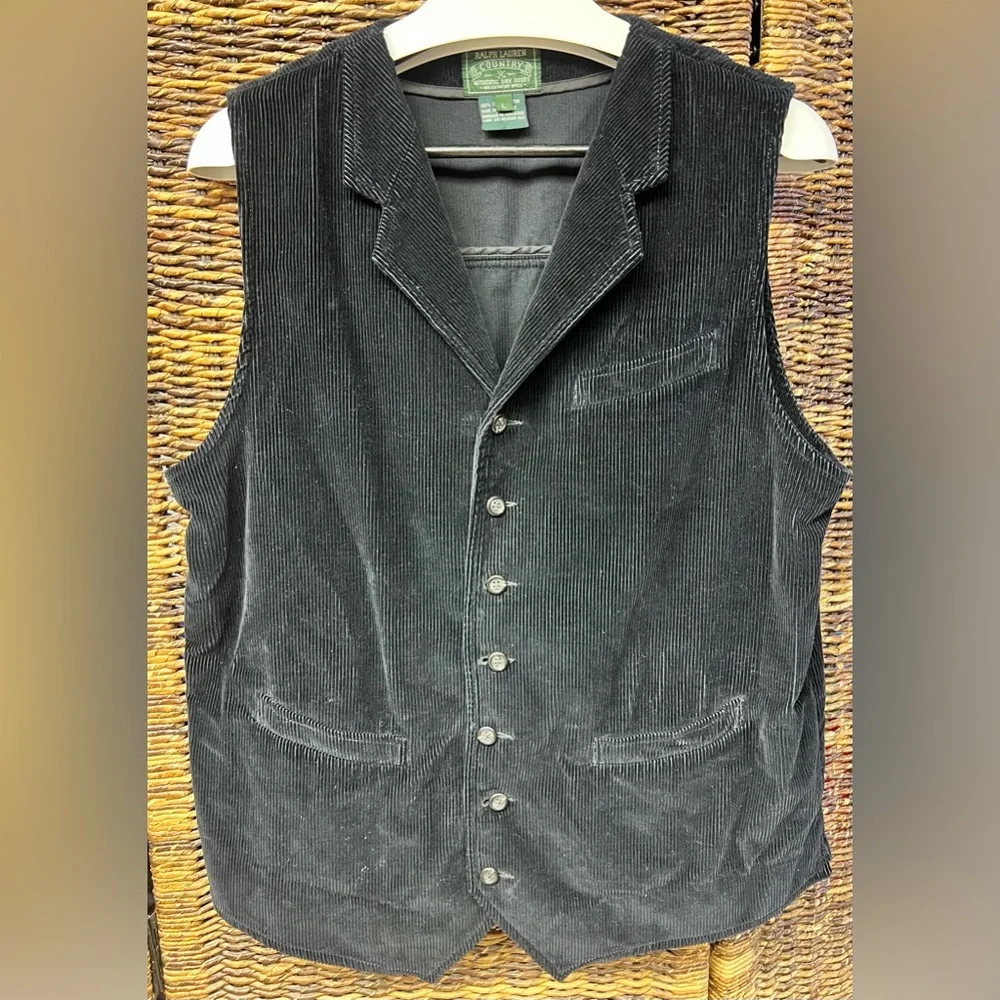 Ralph Lauren Country Green‎ Label- Corduroy Black Vest- Size: Large- VINTAGE